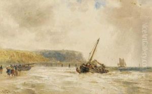 Fishing Vessels Landing On A Beach In France by Thomas Bush Hardy