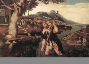 Hilly River Landscape with St Christopher by Jan Mostaert
