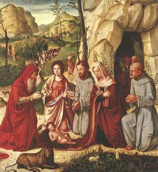 The Adoration of the Child with Saints Francis of Assisi, Jerome, Catherine of Alexandria and Bernardino of Siena, the Shepherds - view 1