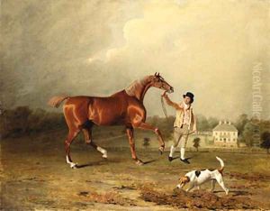 Charles Arnott's Chestnut Hunter Held by a Groom in an Extensive Landscape, with Rushington Manor Beyond by Ben Marshall