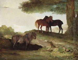 Ponies A shetland pony, and two welsh ponies beneath a tree, in a landscape by Ben Marshall