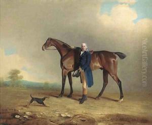 A gentleman with a bay hunter and terrier in a landscape