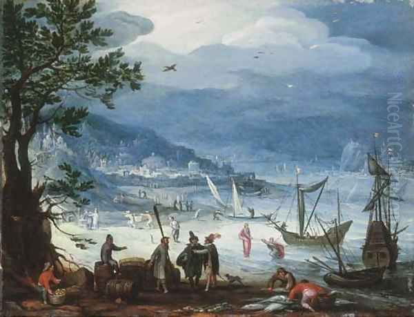 A coastal landscape with fishing boats and peasants disembarking, the Calling of Saint Peter beyond - view 1