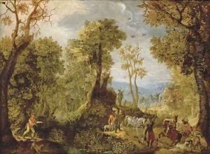 Hunters in a wooded landscape with a village and an extensive landscape beyond by Anthonie Mirou