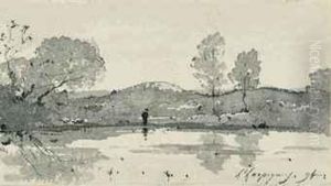 Paysage Avec Un Pecheur Au Bord D'une Riviere by Henri-Joseph Harpignies