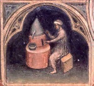 The Alchemist from The Working World cycle after Giotto 1450 by Nicolo & Stefano da Ferrara Miretto
