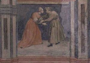 The meeting of a man and a woman from Scenes of a Private Life cycle after Giotto 1450 by Nicolo & Stefano da Ferrara Miretto