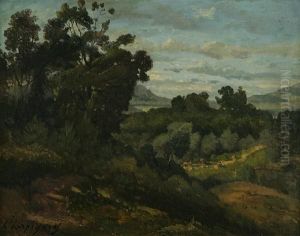 An Extensive Landscape With A Herdsman And His Cattle In The Distance by Henri-Joseph Harpignies
