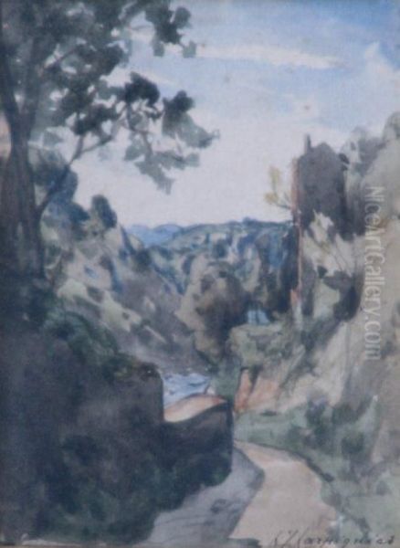 Chemin Dans La Montagne Aquarelle Signee En Bas A Droite. A Vue : 11 X 8 Cm - view 1