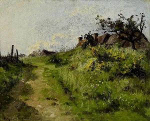 Aufsteigender Weg Mit Blick Zu Hausdachern Hinter Anhohe.