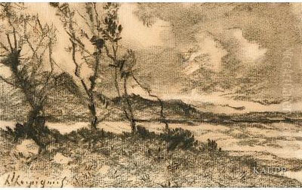 Skizze Von Landschaft Mit Baumen Bei Sturmischemwetter An Der Seine - view 1