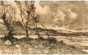 Skizze Von Landschaft Mit Baumen Bei Sturmischemwetter An Der Seine by Henri-Joseph Harpignies