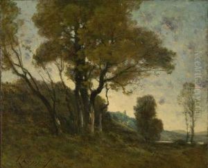 Landschaft In Der Nahe Von Saint-prive Bei Untergehender Sonne. by Henri-Joseph Harpignies