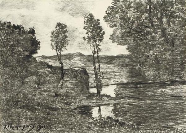 Le Rivage D'un Fleuve, Des Arbres Dans Un Paysage Vallonne A L'arriere-plan - view 1
