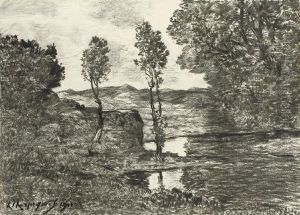 Le Rivage D'un Fleuve, Des Arbres Dans Un Paysage Vallonne A L'arriere-plan by Henri-Joseph Harpignies
