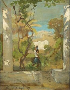 Porteuse D'eau A Capri [ ; Water
 Carrier At Capri ; Oil On Paper Laid Down On Canvas ; Signed. Bears 
Location And Date Capri 1850. Authenticated By Mrs Hellebranth. ] by Henri-Joseph Harpignies