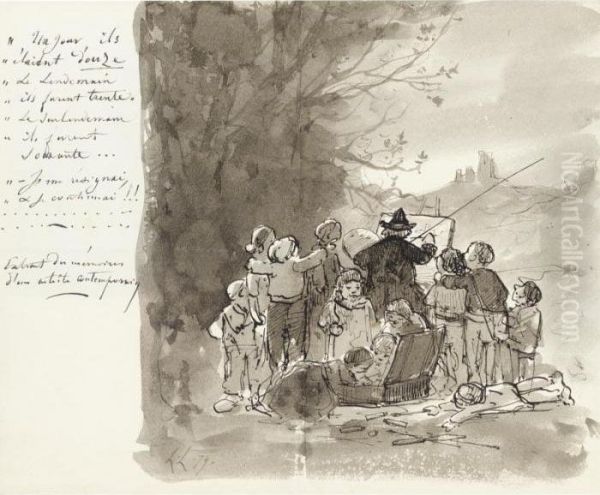 A Self-portrait Of The Artist Painting En Plein Air, Surrounded By Children - view 1