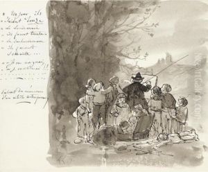 A Self-portrait Of The Artist Painting En Plein Air, Surrounded By Children by Henri-Joseph Harpignies