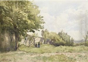 Paysage Arbore Avec Deux Personnages Devant Un Mur