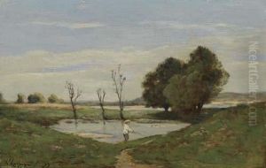 River Landscape With Boy Fishing. by Henri-Joseph Harpignies