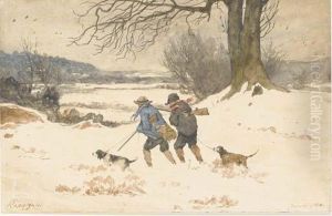 Un Paysage Neigeux Avec Deux Chasseurs Et Deux Chiens by Henri-Joseph Harpignies