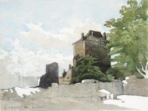 A House And Other Buildings Within A Walled Garden