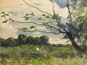 Personnage Dans Un Champ, Un Arbre Au Premier Plan Personnage Dans Un Champ, Un Arbre Au Premier Plan