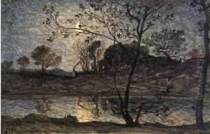 Paysage De Riviere Sous La Lune.