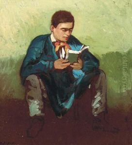 A Young Man Seated Reading A Book