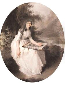 A young lady seated under a tree with a portfolio of drawings, an extensive river landscape beyond by Firmin Massot