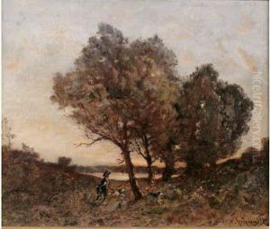 Chasseur Et Ses Chiens by Henri-Joseph Harpignies