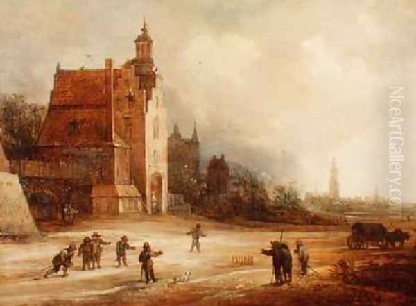 Soldiers playing skittles on a road Breda beyond - view 1