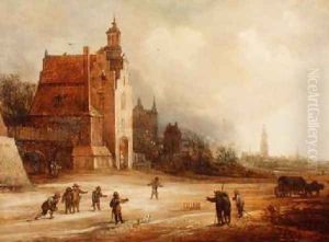 Soldiers playing skittles on a road Breda beyond