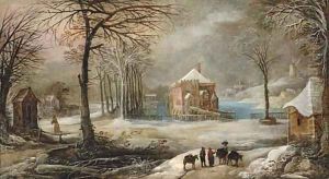 An extensive winter village landscape with peasants and their mules on a path