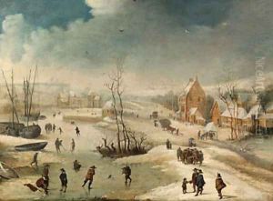 A village in winter with figures skating on a frozen river