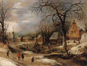 A village scene in winter with peasants by a river by Frans de Momper