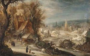 A winter river landscape with a town