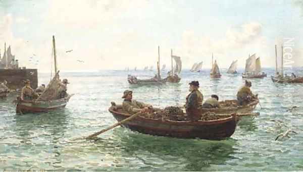 Lobster fishermen leaving harbour - view 1