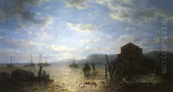Beached Bomschuiten and Shrimp Fishers by a Jetty at Low Tide - view 1