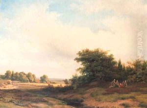Summer landscape with peasants resting at the edge of a wood by Jacob Jan van der Maaten