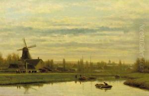 Dusk cattle returning home on a path along a river, a village beyond by Jacob Jan van der Maaten