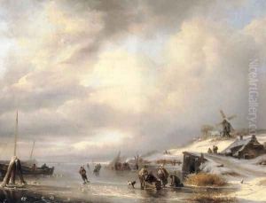 Figures on a frozen lake by Antonij Andreas de Meyer