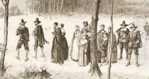 Pilgrim fathers going to church 1880 by Reverend Samuel Manning