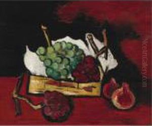Green And Purple Grapes In Basket by Marsden Hartley
