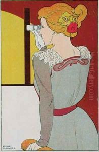 Postcard of a woman with binoculars by Henri Georges Jean Isidore Meunier