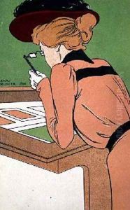 Postcard of a woman holding a lorgnette