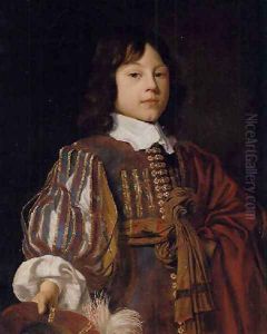 Portrait of a young gentleman in a burgundy doublet with slashed sleeves and a sash, a feathered cap in hand by Jan Mytens