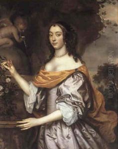 Portrait of a Lady, standing three-quarter length, wearing a lavender silk dress with white sleeves and a yellow shawl by Jan Mytens