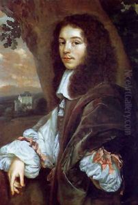 Portrait of Christaen Huygens in a landscape, a country house beyond by Jan Mytens