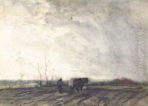 A farmer ploughing a field by Jacob Henricus Maris